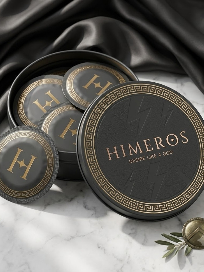 Hộp thiếc Aegis hình khiên tròn, dập nổi tia sấm và viền hoạ tiết Greca vàng trên nền xám than