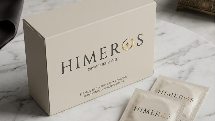 Hộp Himeros đặt trên bệ đá cẩm thạch trắng, cạnh hai sachet