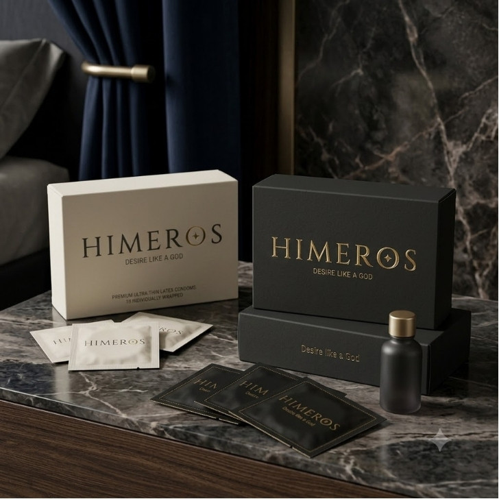 Bộ hộp Himeros trắng và đen đặt trên mặt bàn cẩm thạch sẫm, cạnh một lọ thuỷ tinh mờ