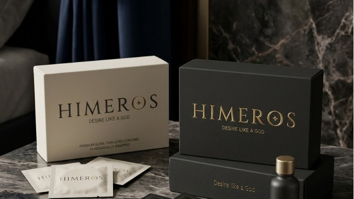 Bộ hộp Himeros trắng và đen đặt trên mặt bàn cẩm thạch sẫm trong ánh sáng trầm